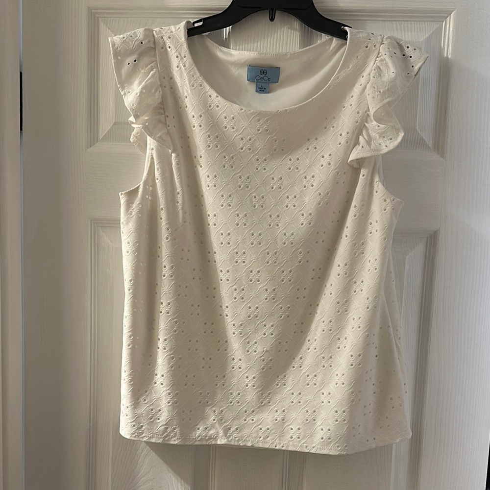 CeCe White Eyelet Ruffle Sleeve Top